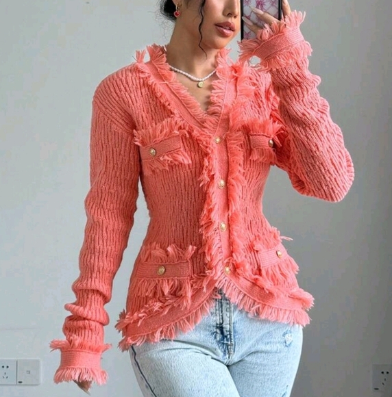 Ladies' Long Sleeve Cardigan With Fringed Edges, Buttoned Pockets - Picture 2 of 6